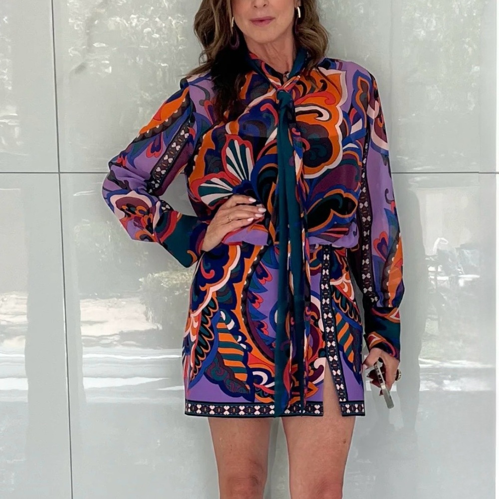 Zara Purple Multi Abstract Tie-Neck Mini Dress